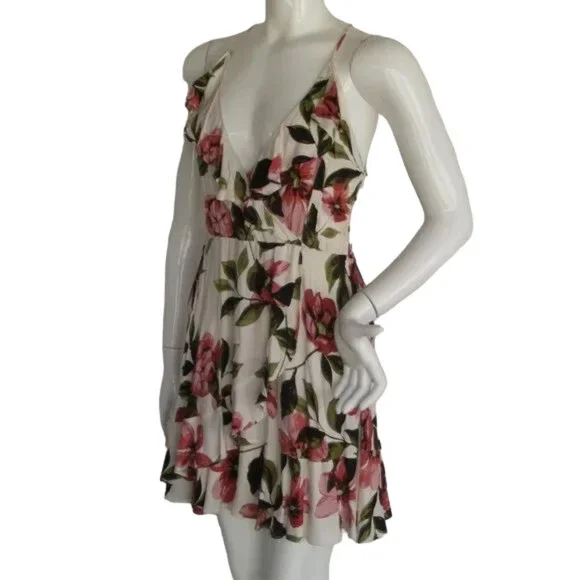 new OLIVACEOUS Mini Dress, L, White Floral, Ruffle, Surplice, Lace-up Back - Picture 6 of 14